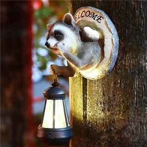 Raccoon Tree Hugger with Solar LED Lantern, Welcome Sign, Garden Peeker